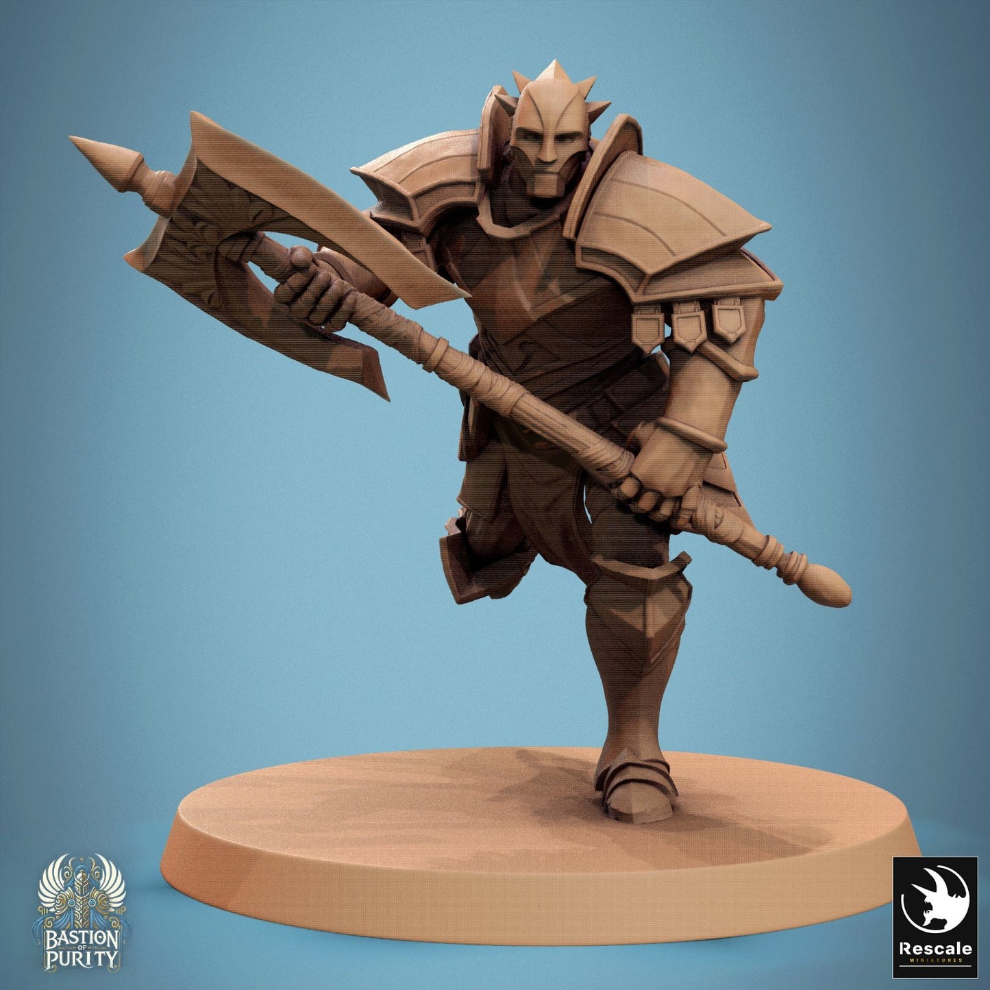 Sentinel of Aetherium charging into battle with a great axe, dynamic stance showcasing the momentum of a headstrong attack. Great addition for any encounter in Dungeons & Dragons or Warhammer campaigns.