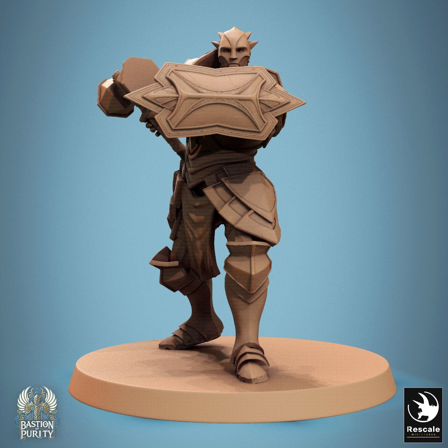 Sentinel Hammer Warrior in a blocking stance, shield raised and war hammer at the ready. This figure exemplifies defensive strength, a steadfast guardian in any TTRPG encounter.