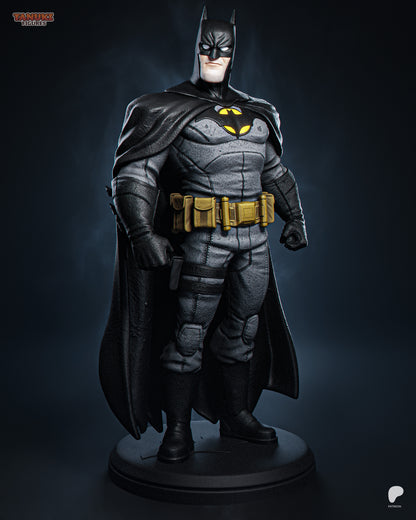 Toon Batman collectible figure in 1:12 scale, standing heroically with clenched fists, detailed utility belt, and flowing cape—based on DC Comics’ Dark Knight.