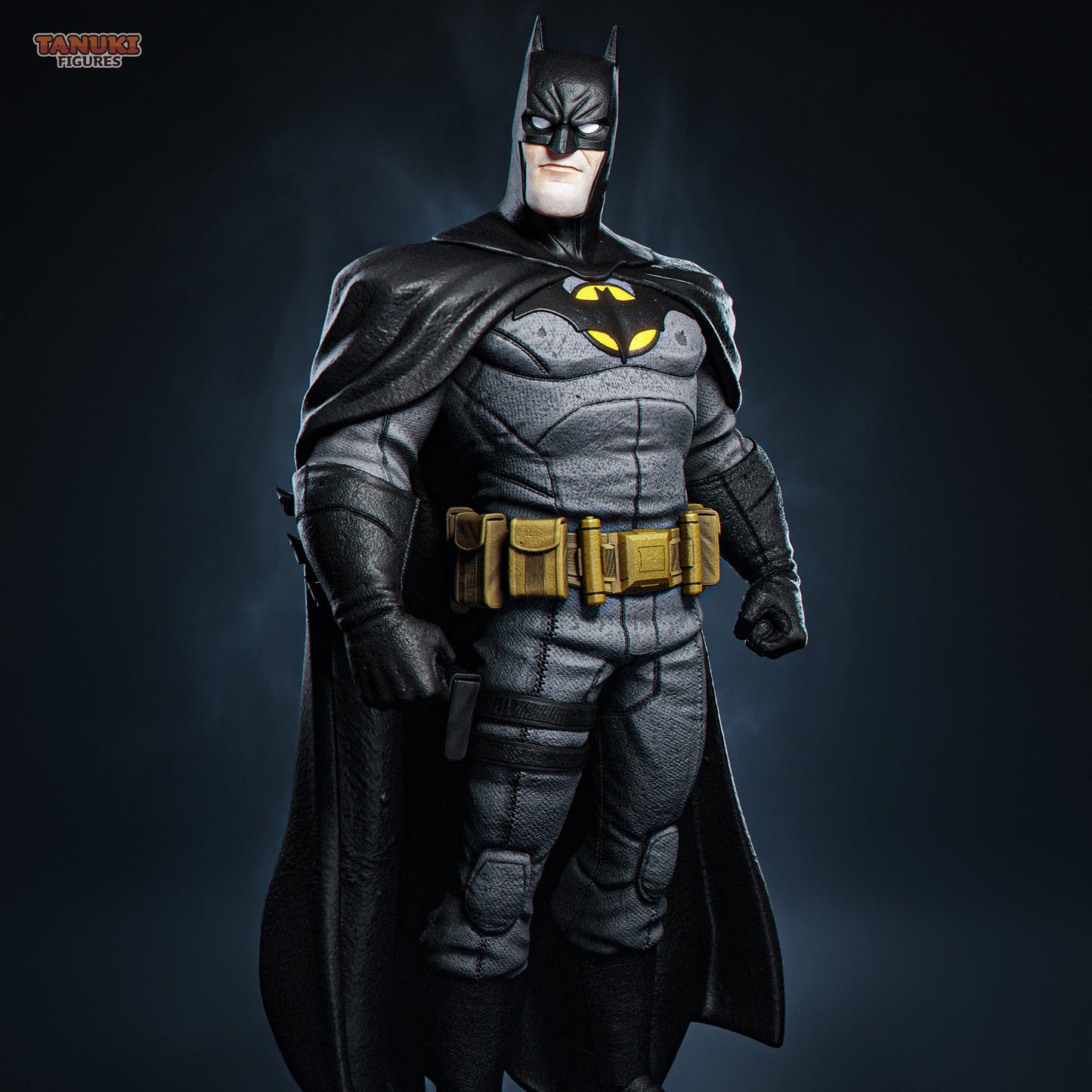 Toon Batman collectible figure in 1:12 scale, standing heroically with clenched fists, detailed utility belt, and flowing cape—based on DC Comics’ Dark Knight.