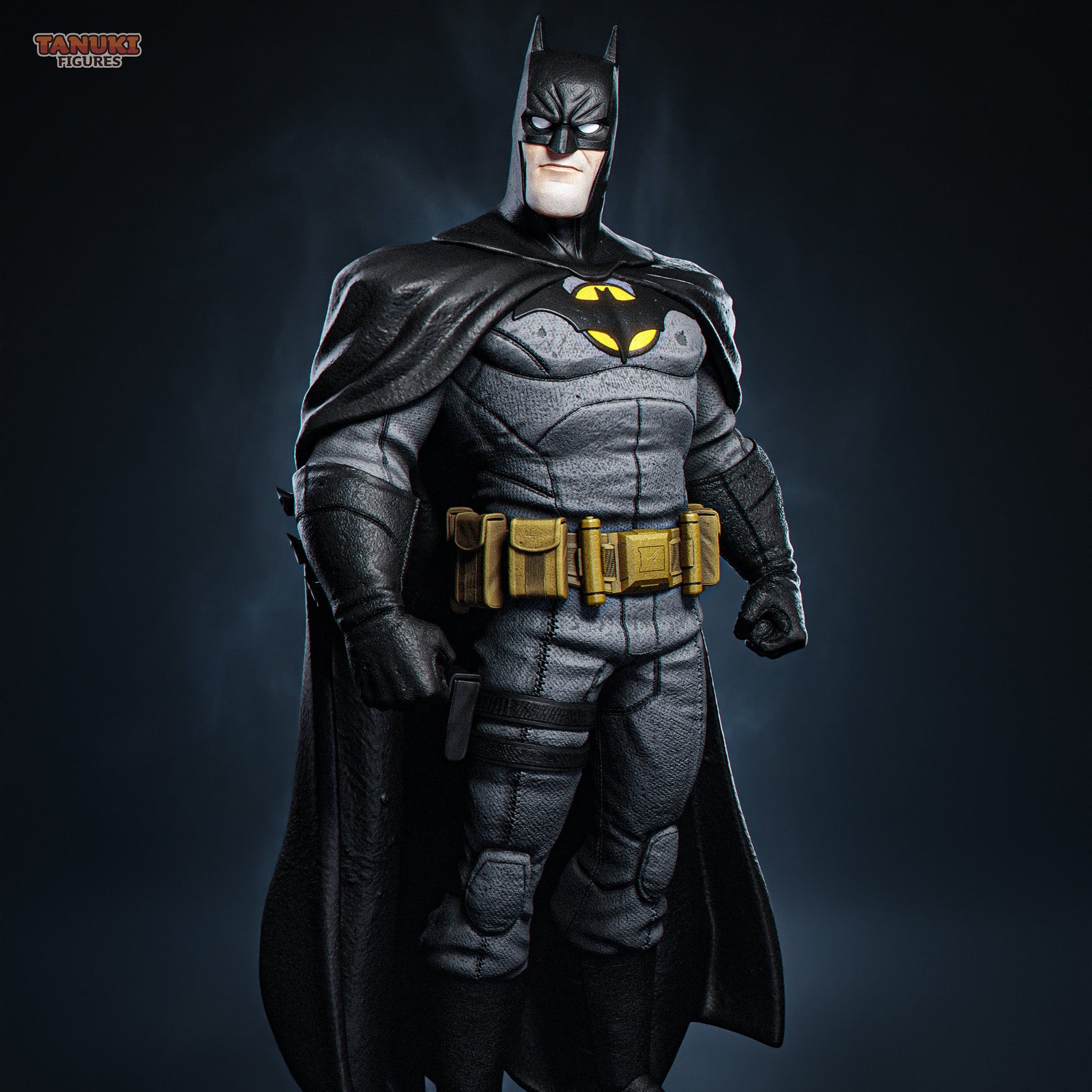Toon Batman collectible figure in 1:12 scale, standing heroically with clenched fists, detailed utility belt, and flowing cape—based on DC Comics’ Dark Knight.
