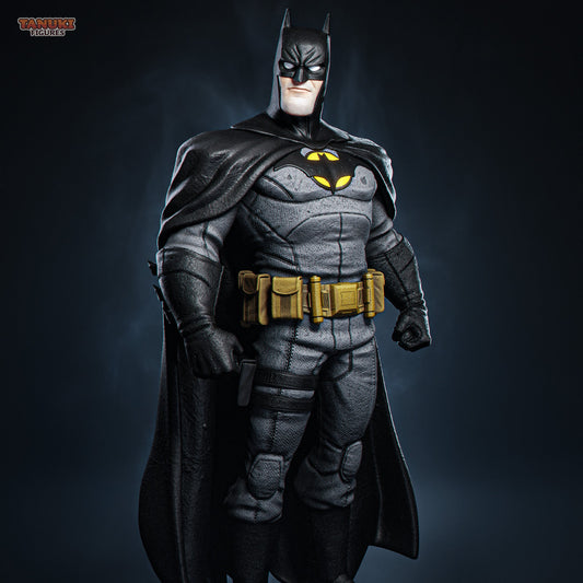 Toon Batman collectible figure in 1:12 scale, standing heroically with clenched fists, detailed utility belt, and flowing cape—based on DC Comics’ Dark Knight.