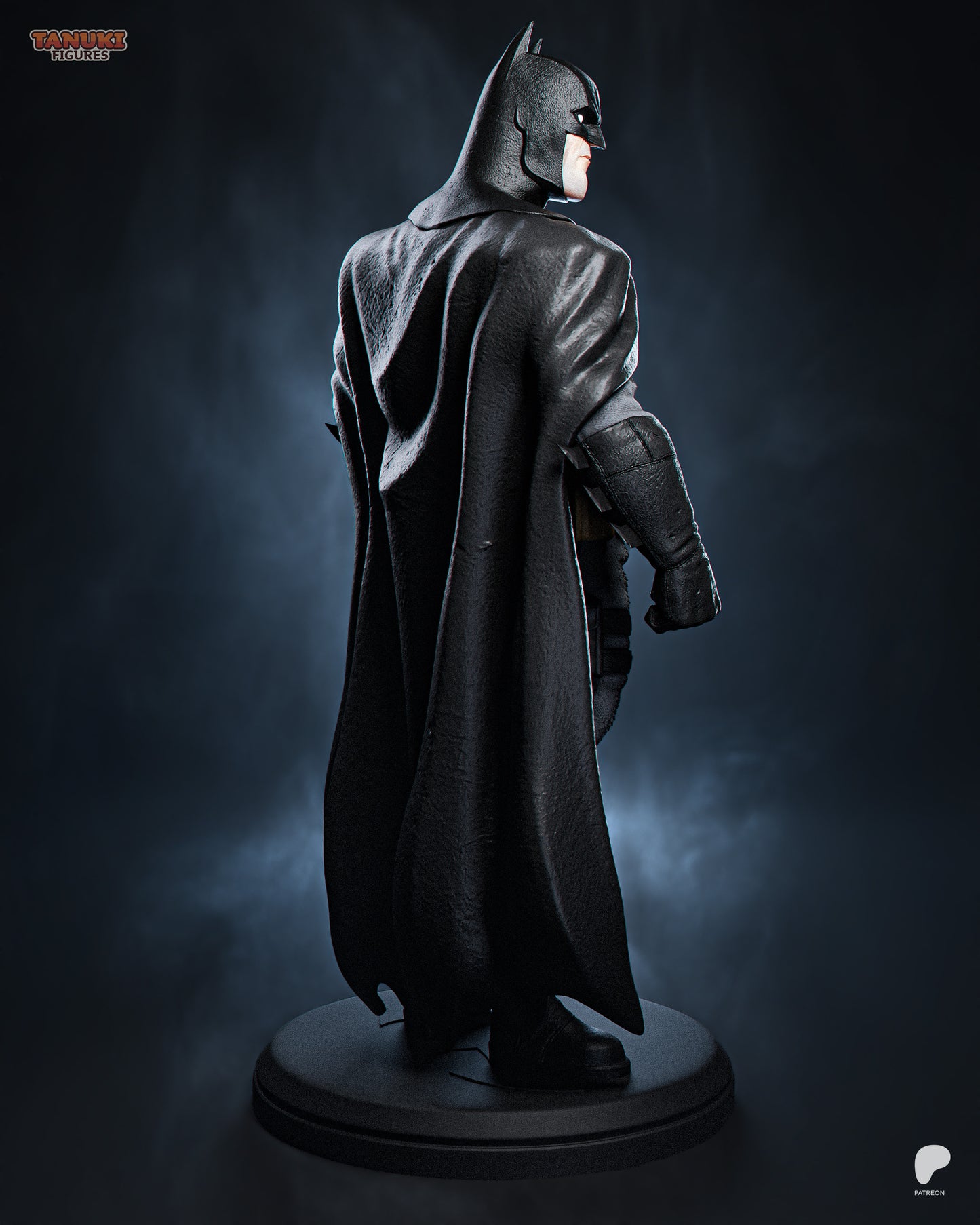 Toon Batman collectible figure rear angle showing cape drape and back armor details, stylized in a comic-inspired design true to DC Comics.