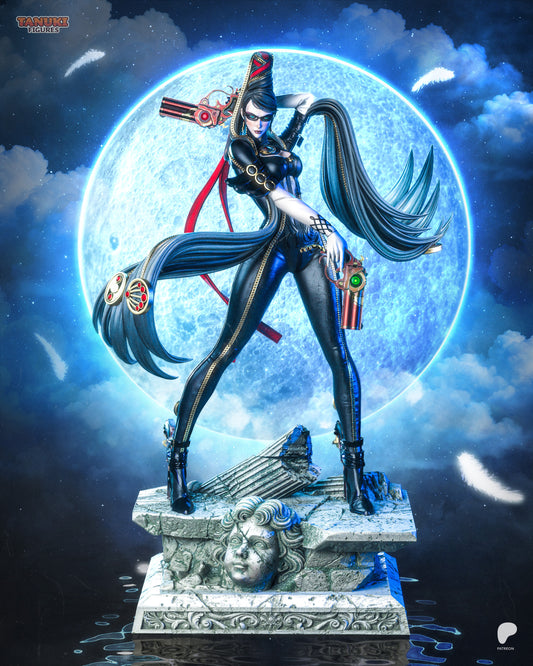 Bayonetta collectible showing detailed bodysuit texture, golden zippers, and confident expression beneath the moon.