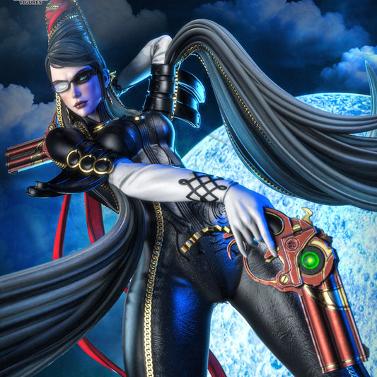 Bayonetta collectible figure in 1:6 scale, standing on a moonlit pedestal with flowing hair and dual pistols drawn.