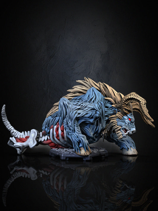 The Bullhemoth miniature showcasing its feral stance, muscular frame, and skeletal tail against a dark background.