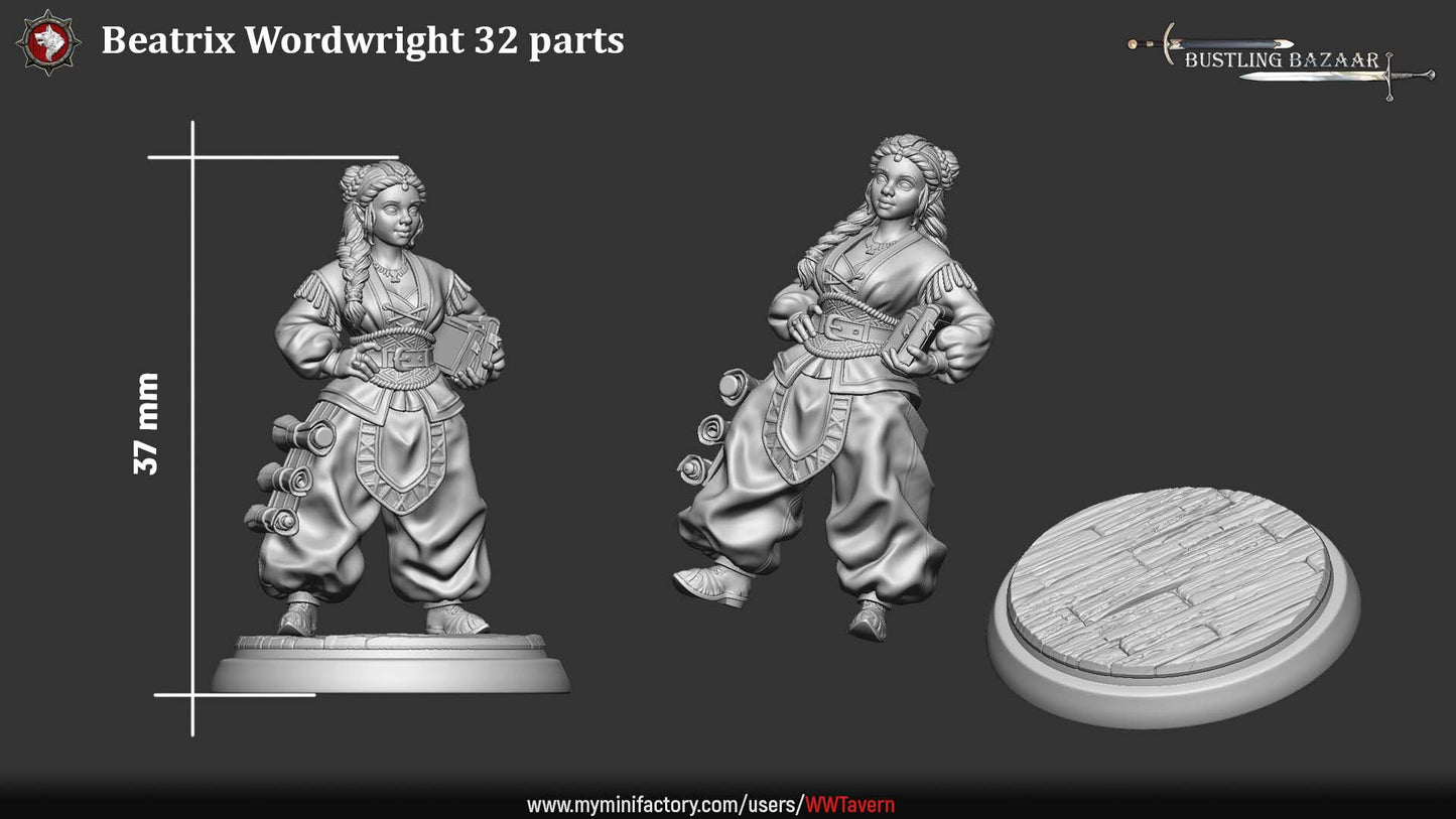 Beatrix Wordwright halfling merchant 32mm miniature parts including character pose and textured round base for fantasy tabletop roleplaying games