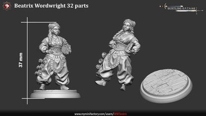 Beatrix Wordwright halfling merchant 32mm miniature parts including character pose and textured round base for fantasy tabletop roleplaying games