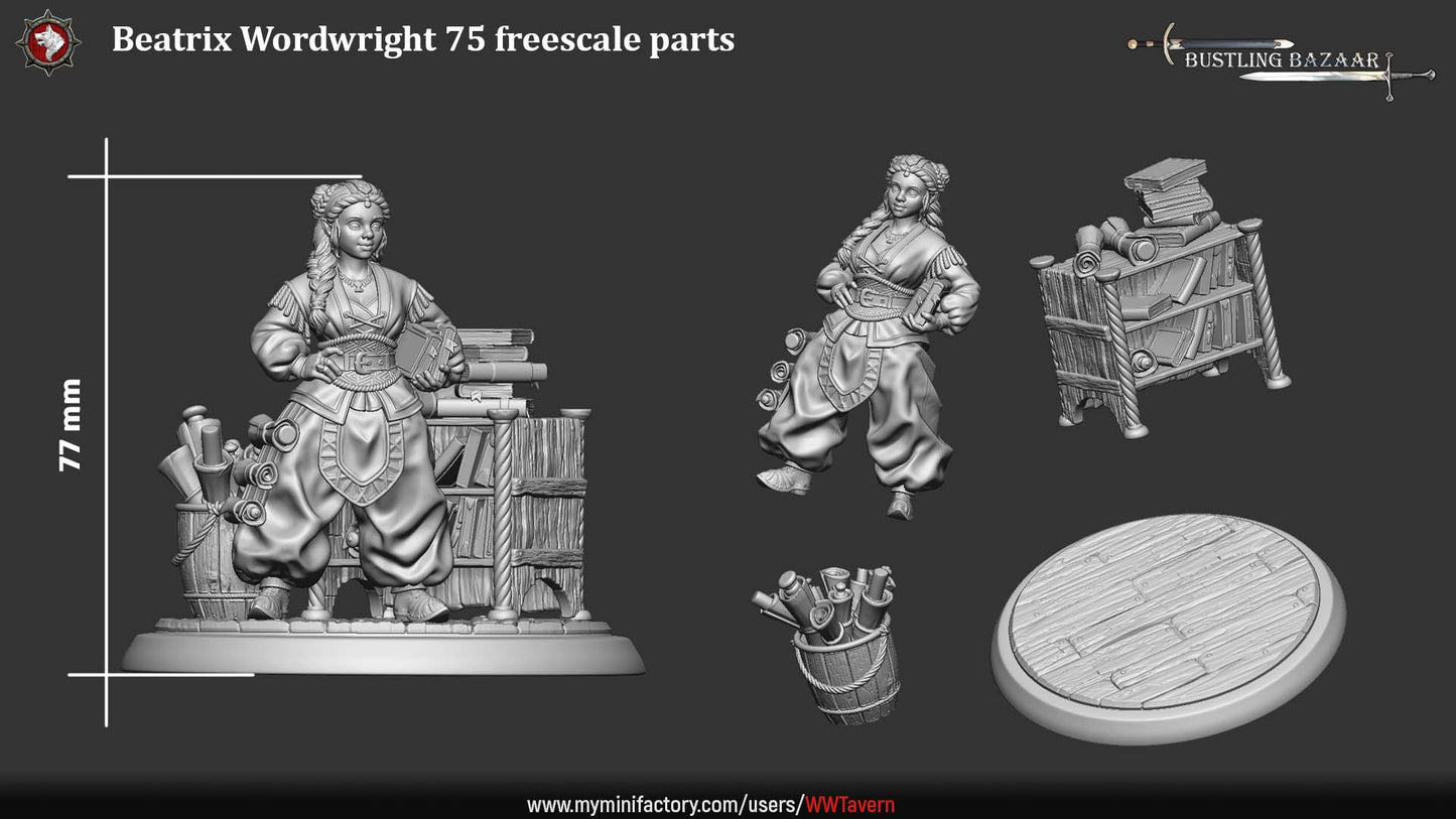 Beatrix Wordwright halfling merchant miniature parts layout showing figure, book crates, scroll barrel, and round base for fantasy RPG NPC use