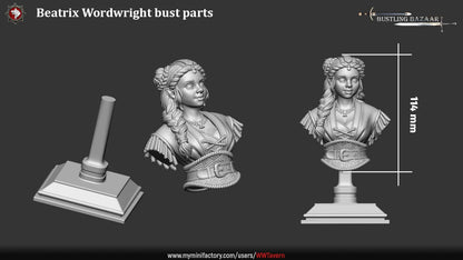 Beatrix Wordwright halfling merchant bust parts showing portrait, pedestal base, and display stand components for fantasy miniature collectors