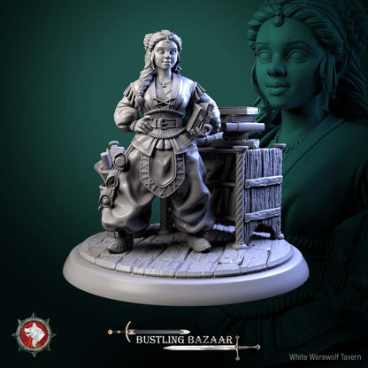 Beatrix Wordwright halfling merchant NPC miniature in 32mm scale holding a ledger with scrolls at her side, ideal shopkeeper character for Dungeons and Dragons or Pathfinder