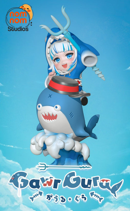 Chibi Gawr Gura figurine with a shark-themed outfit, holding a trident, sitting on a shark companion with a whimsical expression.