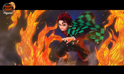 Main illustration of Tanjiro Kamado surrounded by fiery effects, showcasing the figure's dynamic pose inspired by Demon Slayer.