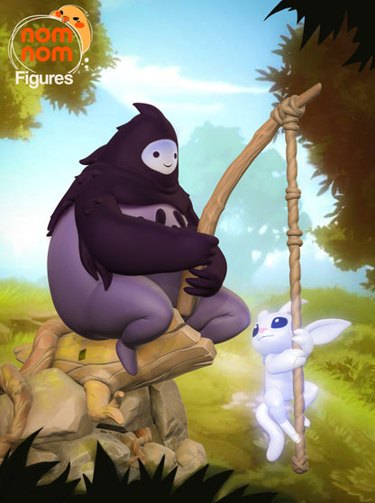 A collectible figure of Ori and Naru from "Ori and the Blind Forest," with Naru sitting on a rock holding a rope while Ori climbs up.