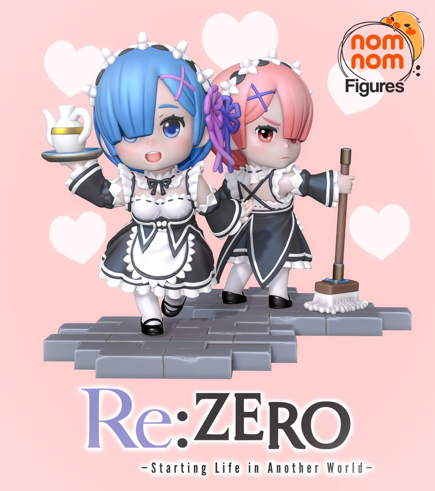 Colored render of Rem and Ram chibi figurines from Re:Zero, with Rem holding tea and Ram gripping a mop on cobblestone bases.