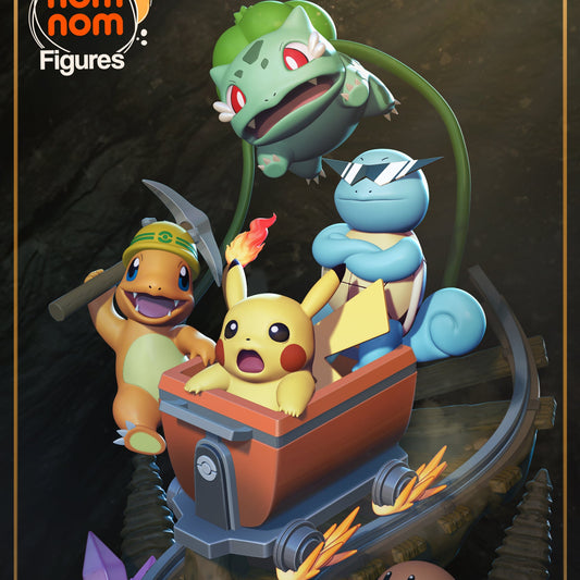 Pikachu minecart diorama with Charmander, Bulbasaur, Squirtle, Digletts, cave base, crystals, curved rails, and minecart, Pocket Monsters 1:10 scale figure.