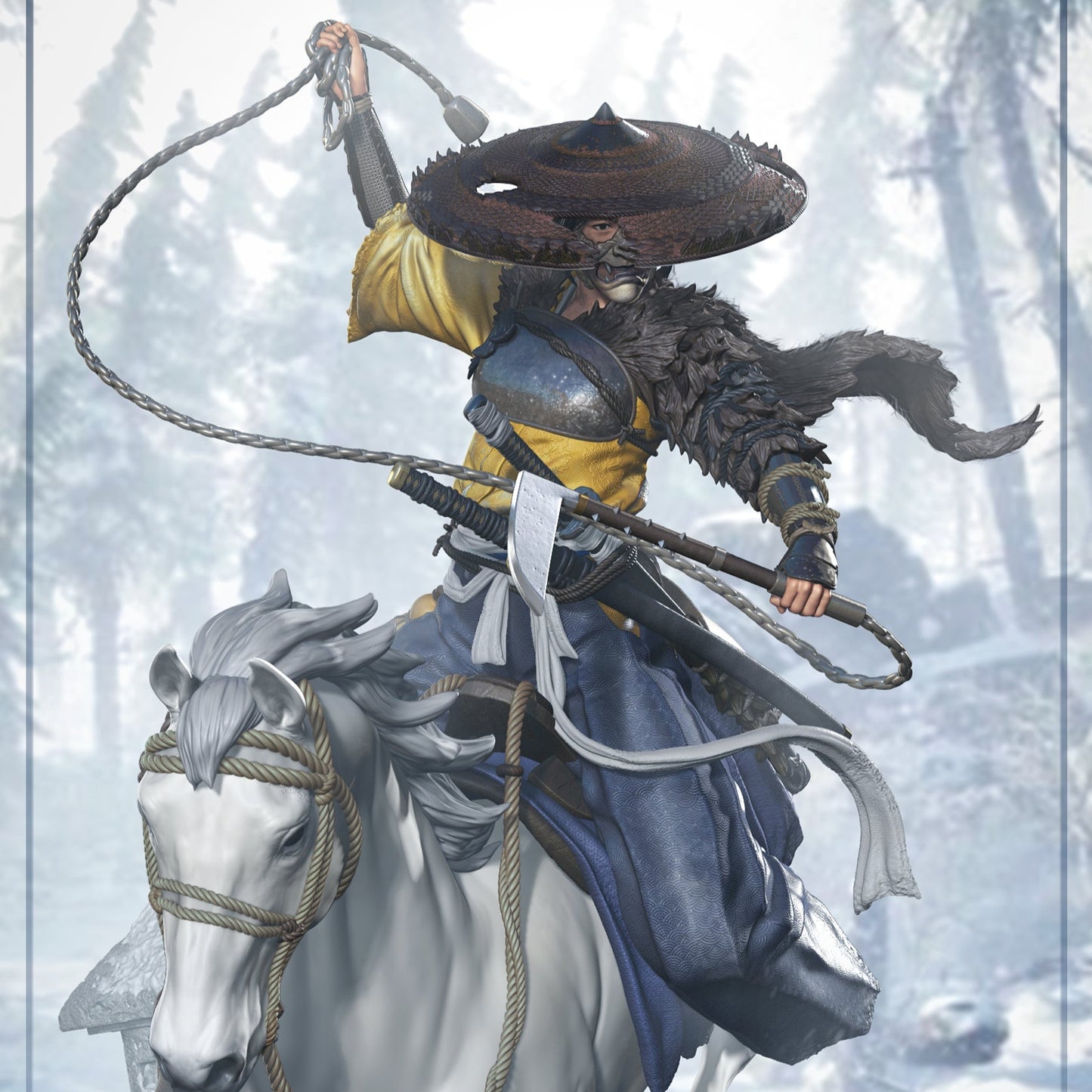Painted Atsu Ghost of Yotei statue by NomNom Figures – samurai rider in blue and gold armor on white horse, snow environment