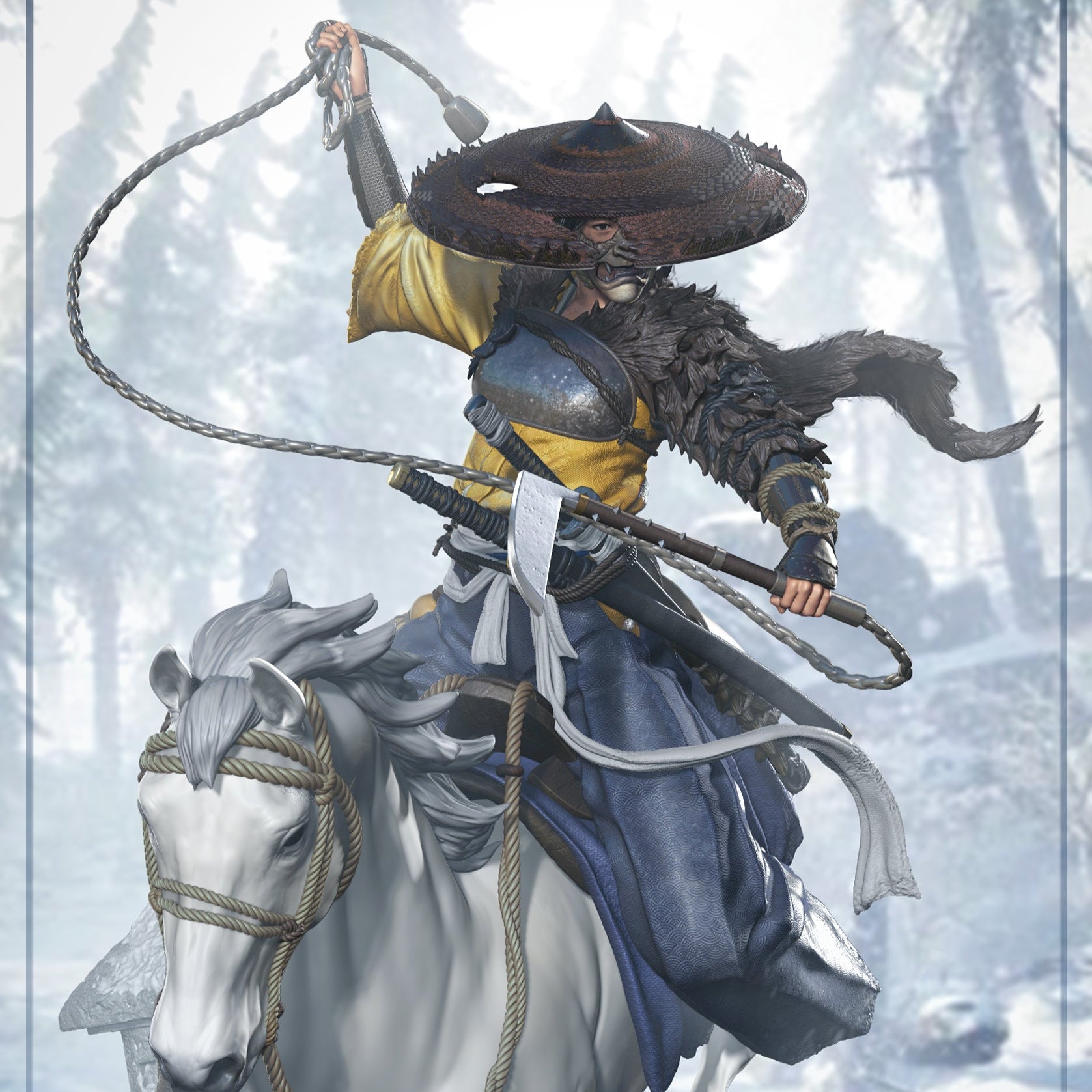 Painted Atsu Ghost of Yotei statue by NomNom Figures – samurai rider in blue and gold armor on white horse, snow environment