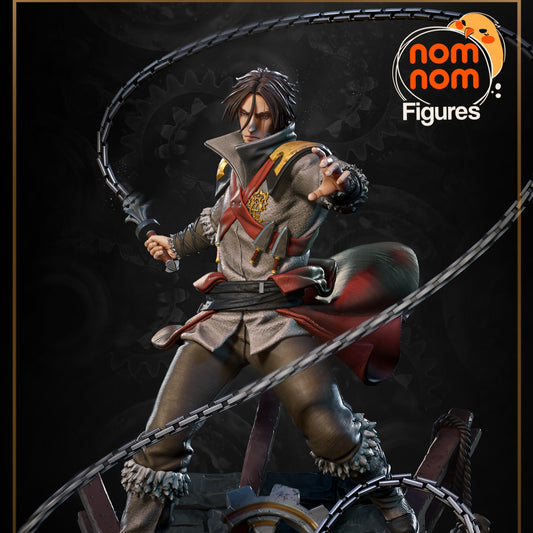 Full-color render of Trevor Belmont wielding his chain whip on a steampunk-style gear base