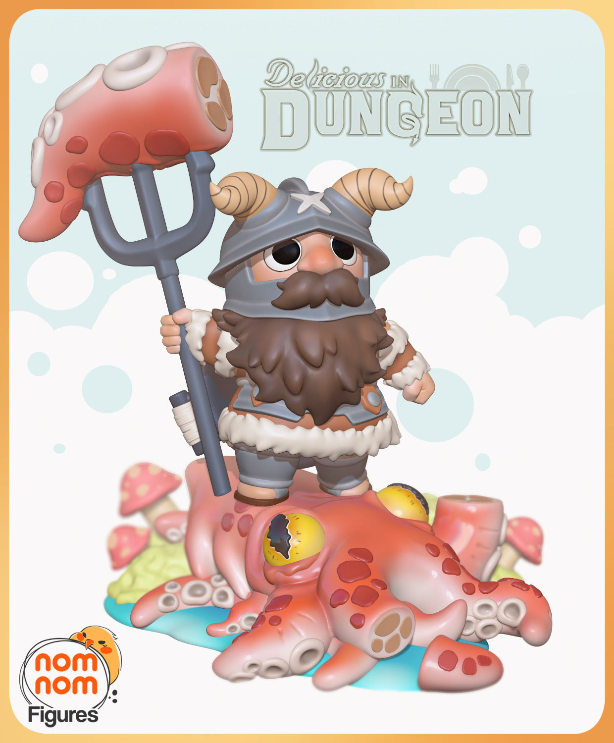 Chibi Senshi figurine wielding a giant meat fork, standing atop a defeated octopus-like creature.