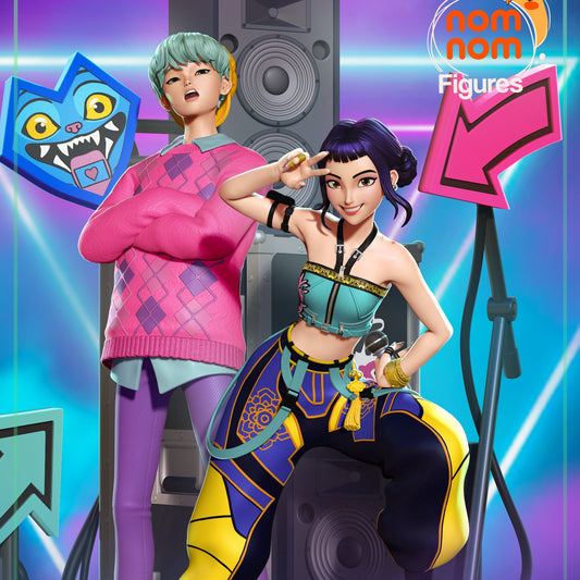 Colored render of Zoey and Saja Boy on stage with neon lights, arrows, and speakers.