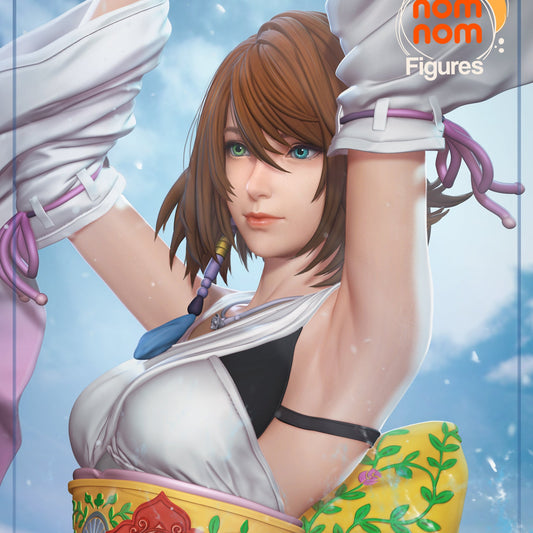 Beauty shot of Yuna collectible figure showing close-up of her face, hair ornament, and detailed robe sash with floral motifs.