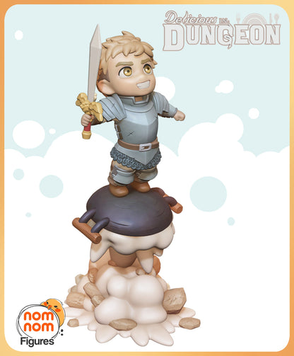 Chibi Laios Touden figurine with a heroic pose, holding a sword and standing atop a bubbling dungeon trap.