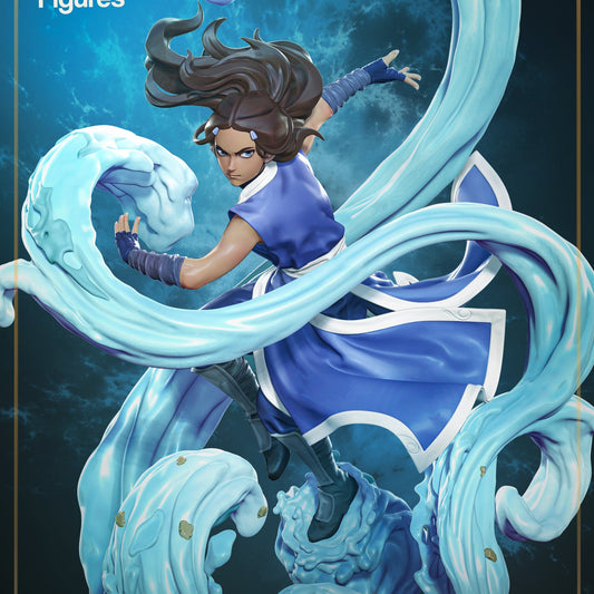 Fully painted Katara statue with blue robes and dynamic waterbending effects against a stormy background.