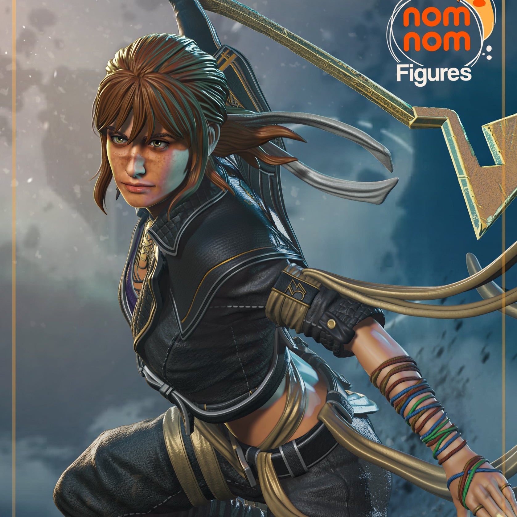 Beauty shot of Sciel from Expedition 33 in combat stance, holding her scythe with one hand and leaning forward over a ruined stone base.