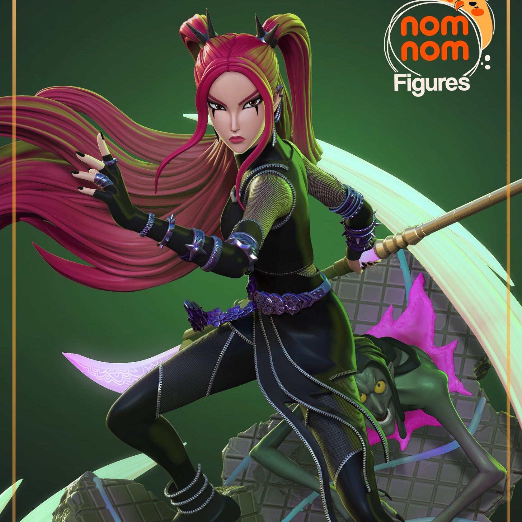 Painted version of Mira 1:10 scale figure from K-Pop Demon Hunters, posed mid-action with staff in hand and demon enemy at her feet on a rubble base.