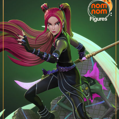 Painted version of Mira 1:10 scale figure from K-Pop Demon Hunters, posed mid-action with staff in hand and demon enemy at her feet on a rubble base.