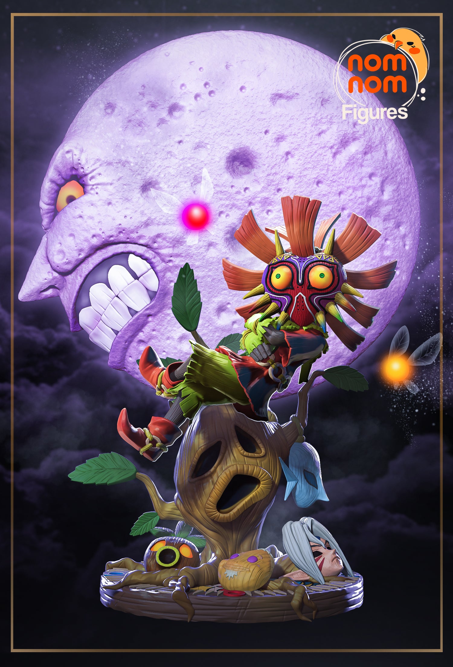 Skull Kid with Majora's Mask, surrounded by a haunting moon and fairy lights, sitting on a tree stump.