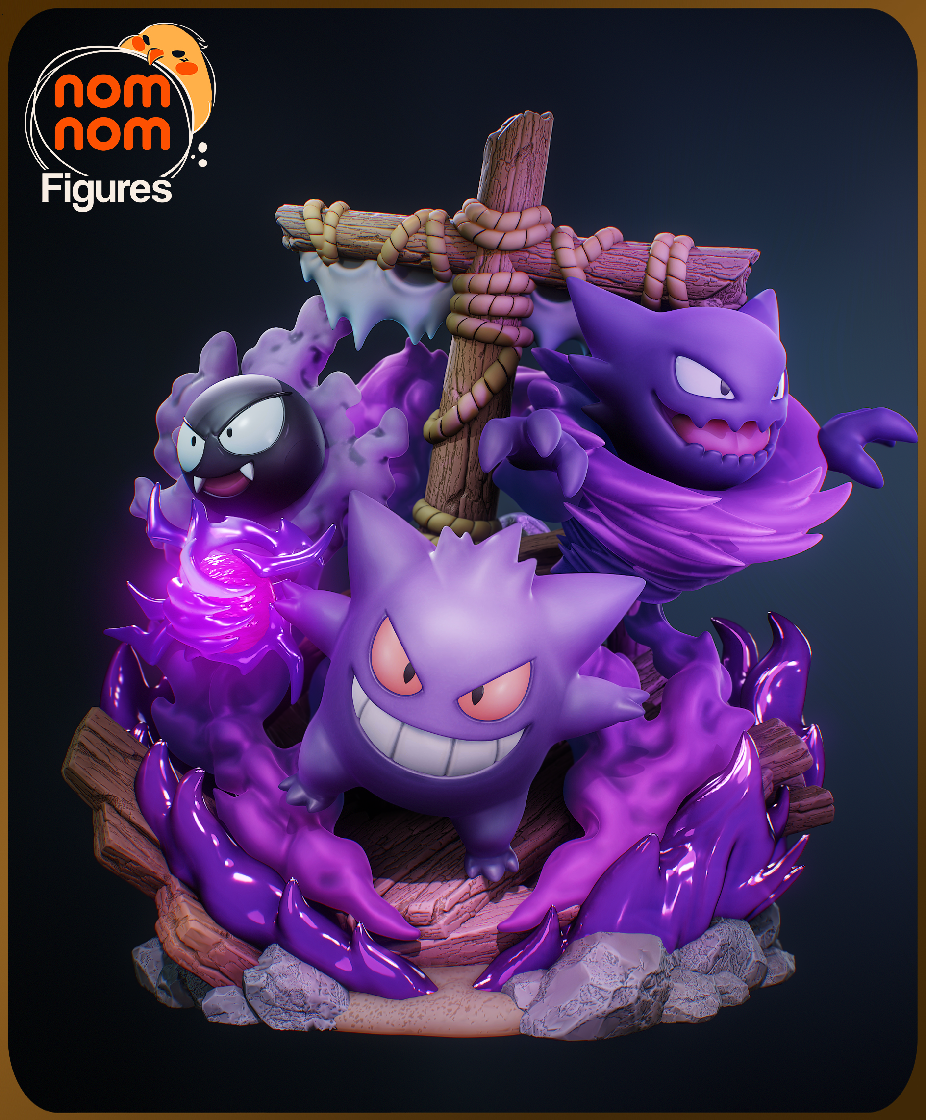 Colored render of the Ghosts Diorama featuring Gengar in front, Haunter hovering above, and Gastly to the side, all posed on a wrecked ship deck with purple ghostly effects and a wooden mast behind them.