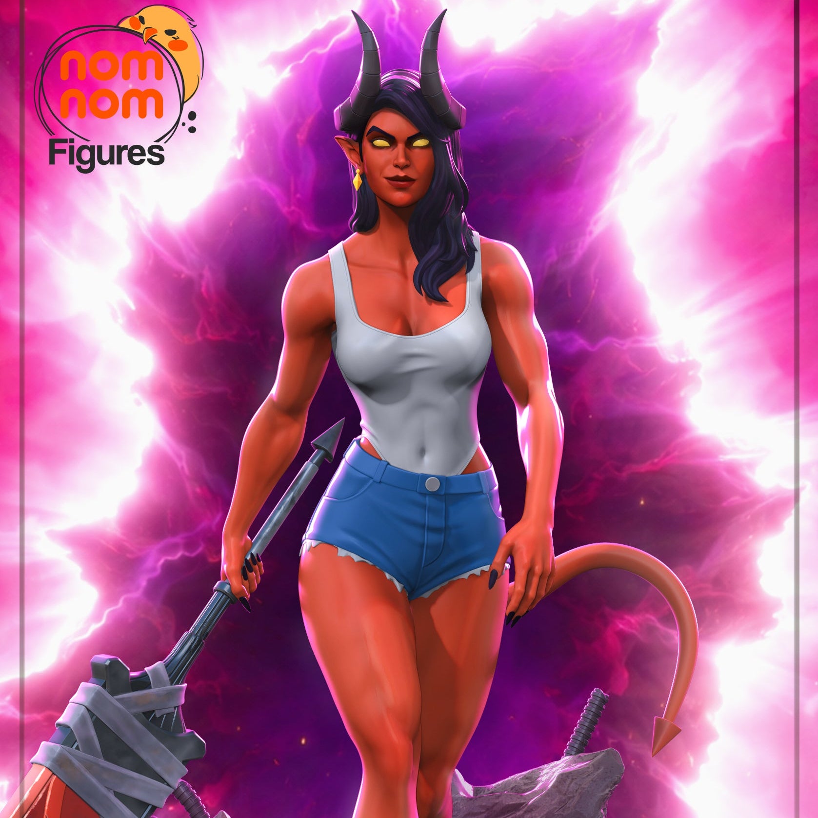 Malevola Dispatch demon woman character render, horned female demon fighter with glowing eyes, casual modern outfit, massive weapon, urban fantasy scene, collectible display figure