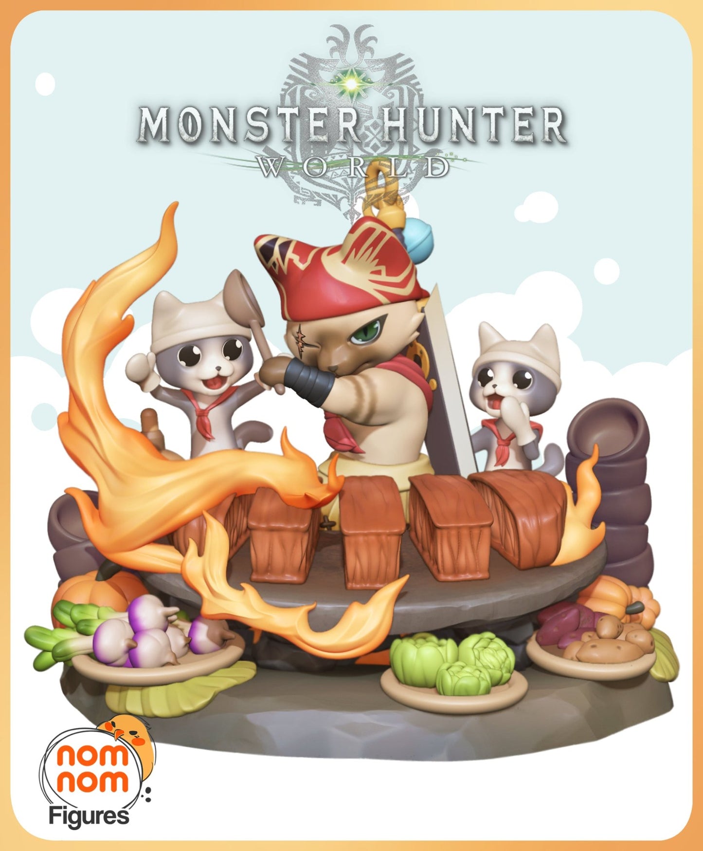 Beautyshot of the Chibi Meowscular Chef miniature from Monster Hunter, featuring a feline chef and companions preparing food with flames and vegetables.