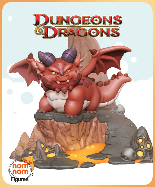 Chibi Themberchaud, a red dragon perched on a rocky lava base, from Dungeons & Dragons, with a playful and adorable design.