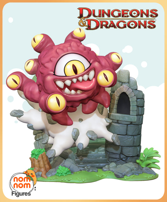 Render of the Chibi Beholder collectible figurine with a vibrant design, showcasing a whimsical central eye, eyestalks, and a cheerful expression. Mounted on a painted stone ruin base with greenery, perfect as a decorative or display piece.