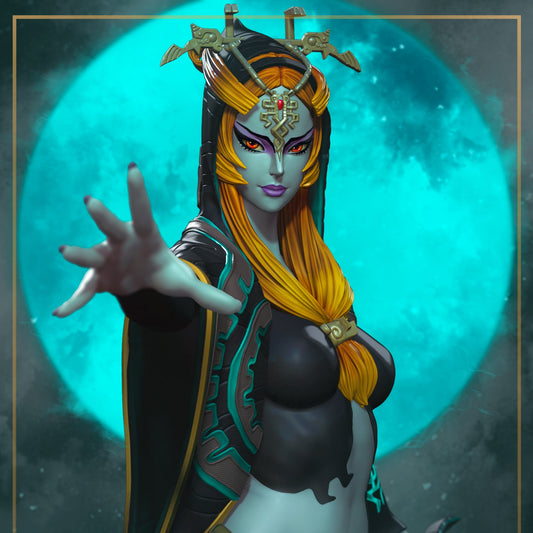 Midna Legend of Zelda bust collectible painted style portrait view with outstretched hand and headpiece details