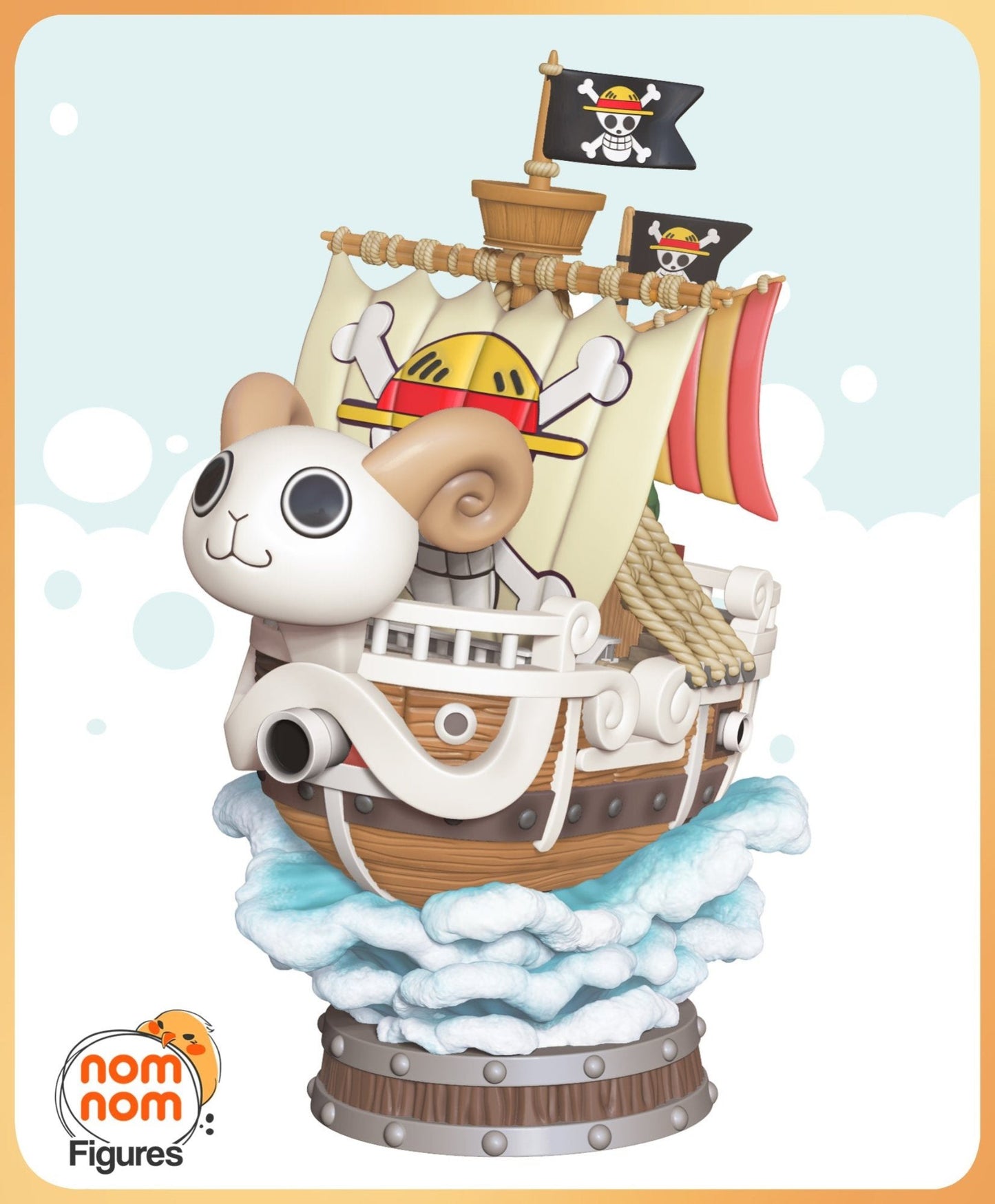 A detailed view of the Chibi Going Merry ship from One Piece, featuring a playful ram figurehead and dynamic cloud waves.