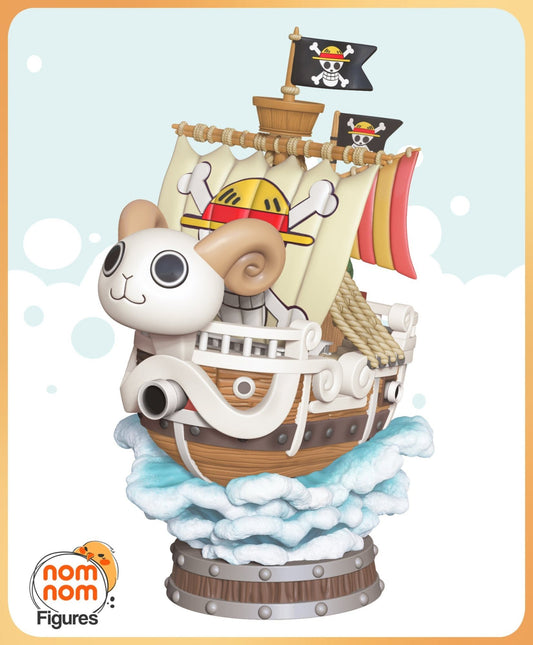 A detailed view of the Chibi Going Merry ship from One Piece, featuring a playful ram figurehead and dynamic cloud waves.