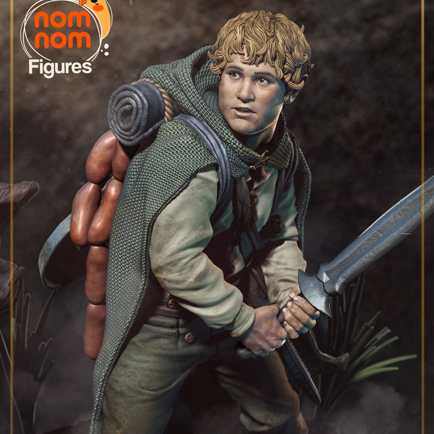 Samwise Gamgee painted 1:10 scale collectible figure holding a sword, wearing a cloak and backpack with cookware, standing on a forest-themed base.
