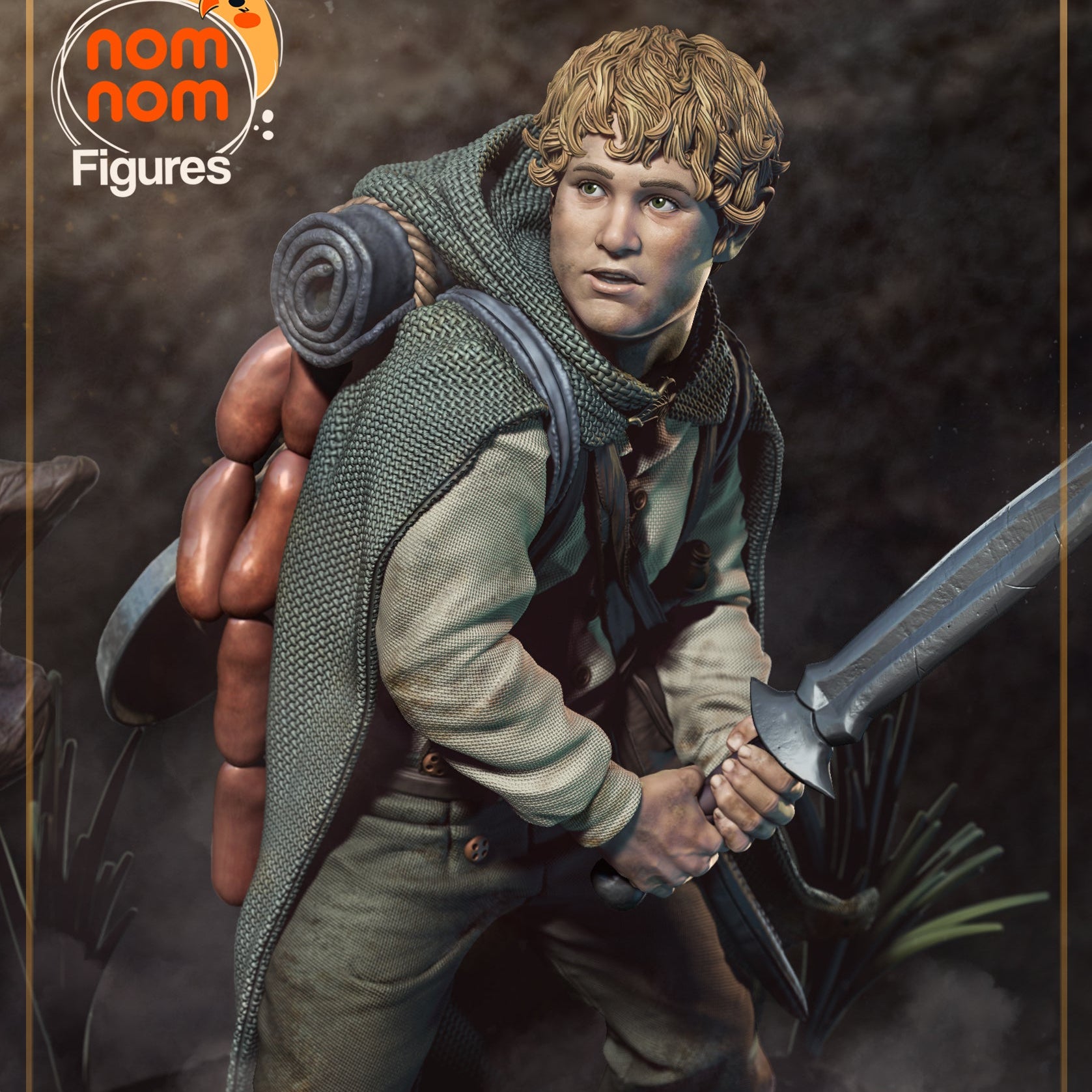 Samwise Gamgee painted 1:10 scale collectible figure holding a sword, wearing a cloak and backpack with cookware, standing on a forest-themed base.