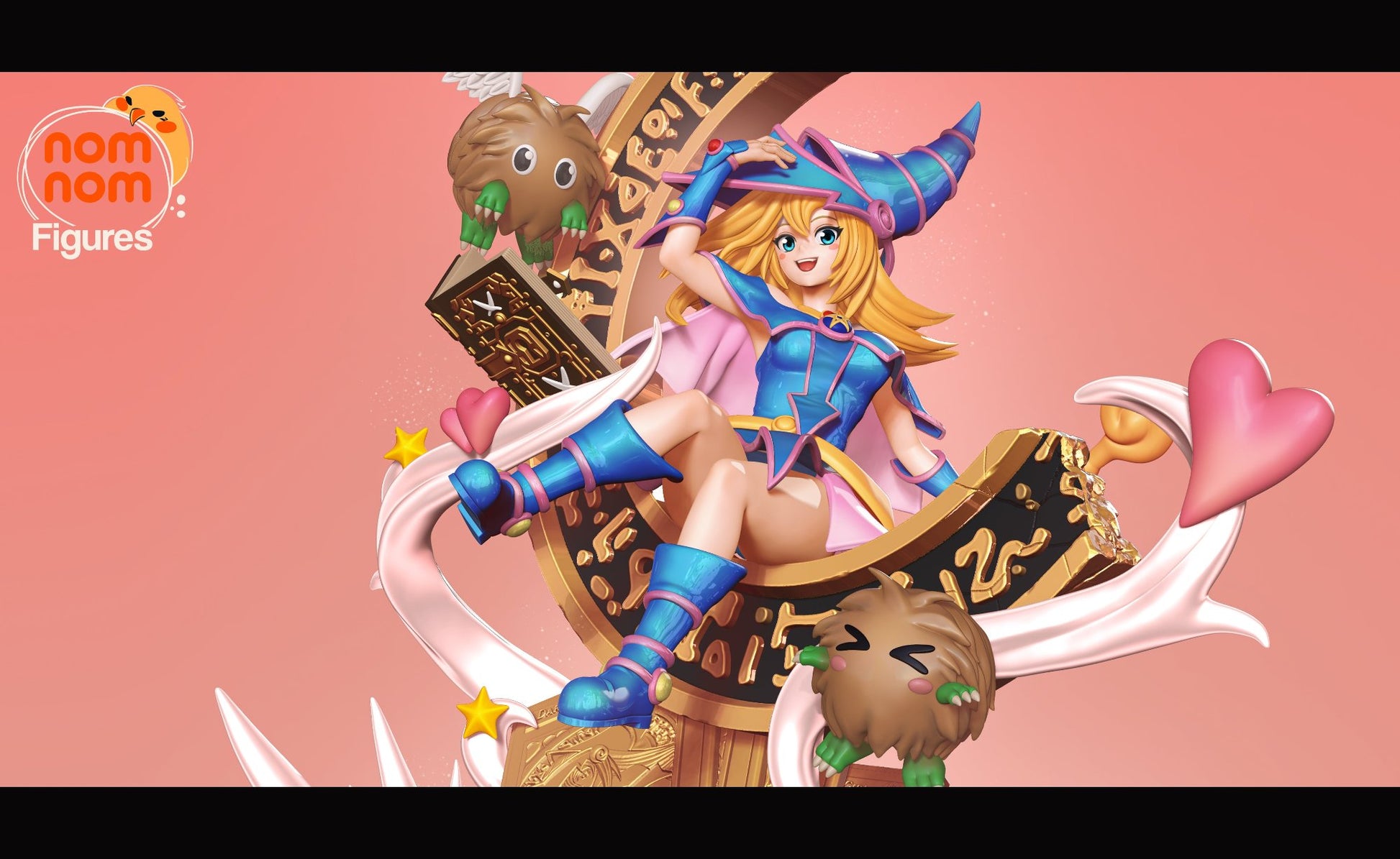  Front view of Dark Magician Girl, posed with a confident smile, holding her staff and surrounded by Kuriboh companions, atop a mystical base.