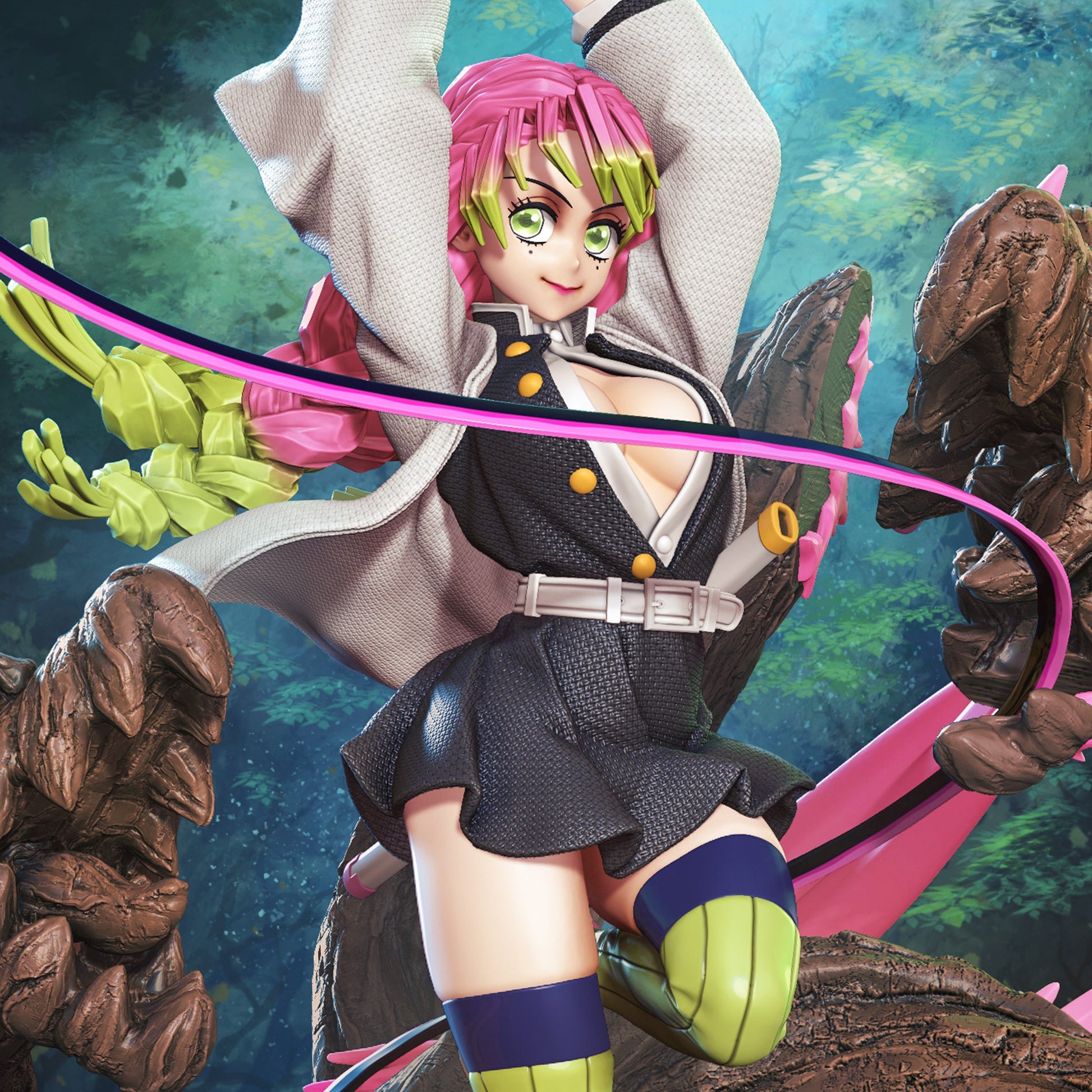 Mitsuri Kanroji Demon Slayer collectible miniature in battle pose with pink and green hair, flexible sword arc, and living wood dragon base