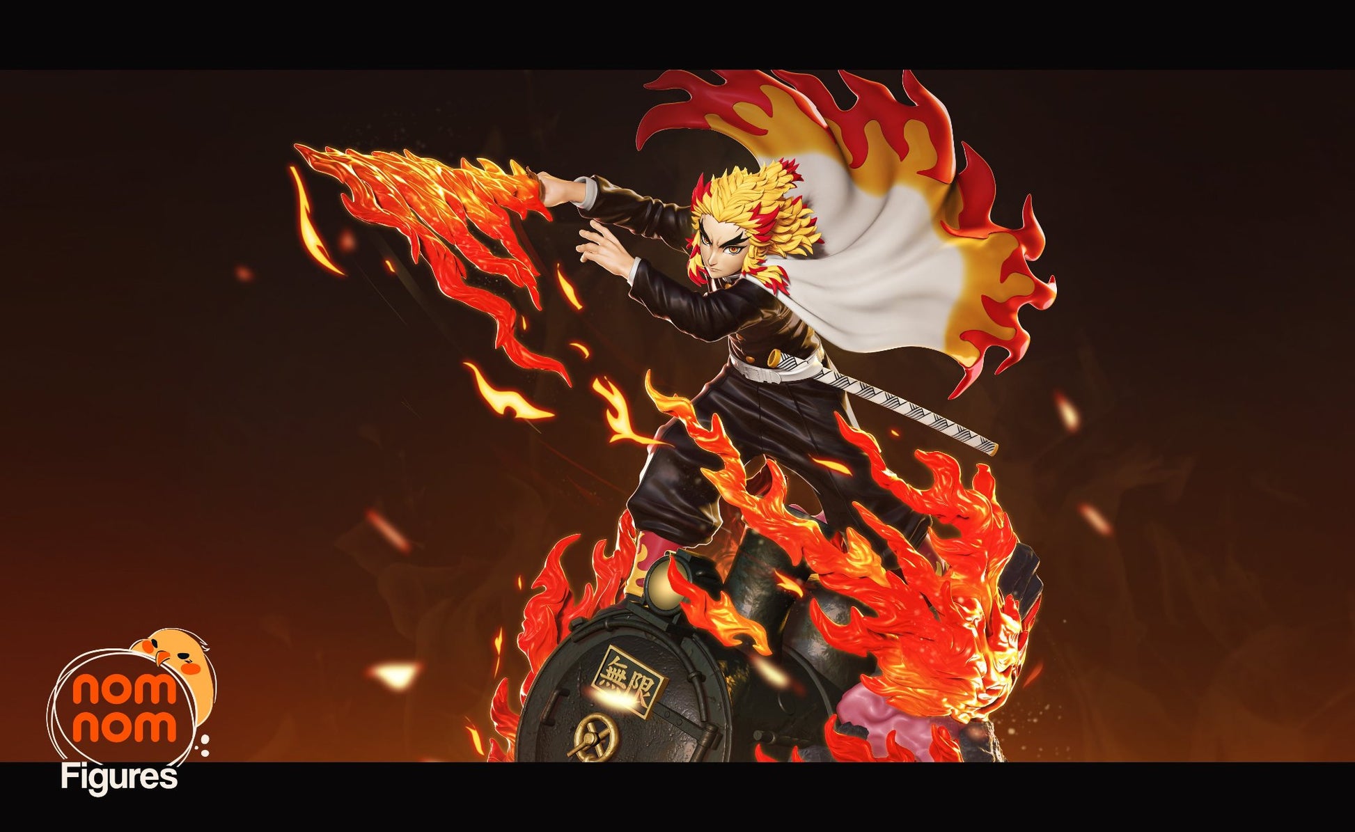 Dynamic pose of Kyojuro Rengoku, standing amidst swirling flames with his katana drawn, from Demon Slayer.