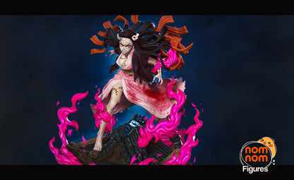 Nezuko Kamado in a fierce battle stance with flowing hair and vibrant flames atop a rooftop, inspired by Demon Slayer.