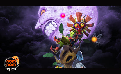 Skull Kid sitting on a whimsical tree base with vibrant colors and a glowing moon in the background.