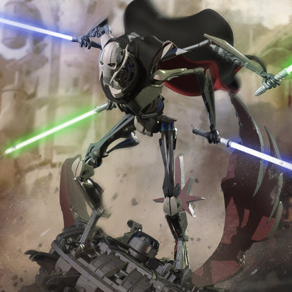 Render of General Grievous standing in battle stance on ruined tech debris, wielding four lightsabers amid a smoky battlefield.