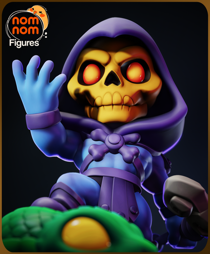 Chibi Skeletor close-up render with glowing eyes and raised hand