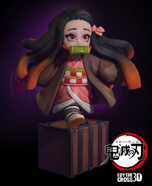 Chibi Nezuko figurine posed stepping on a travel box, with her signature bamboo mouthpiece and flowing hair from Demon Slayer: Kimetsu no Yaiba.